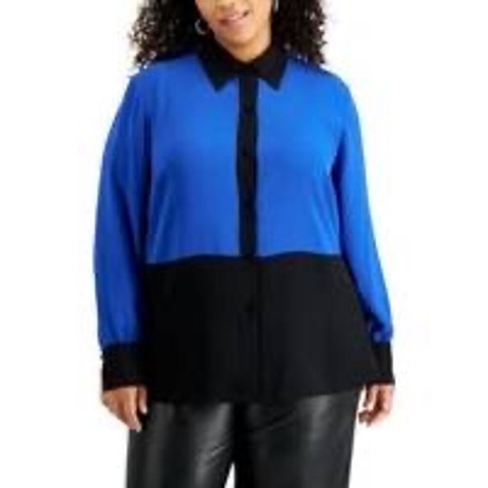 Bar III Womens Plus Size Black and Blue Color Block Collared Blouse - 3X